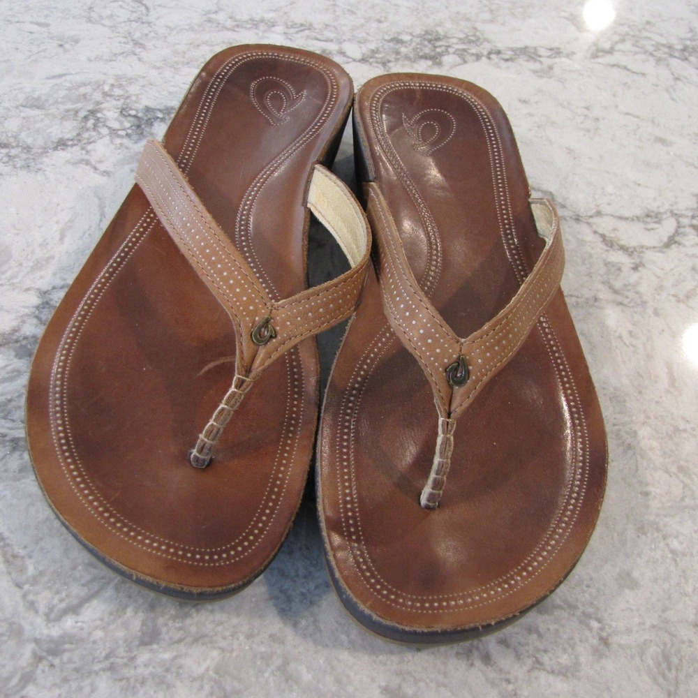 OluKai Ola Womens Brown Leather Wedge Sandals Flip Flops Boho Coastal Earthy 10
